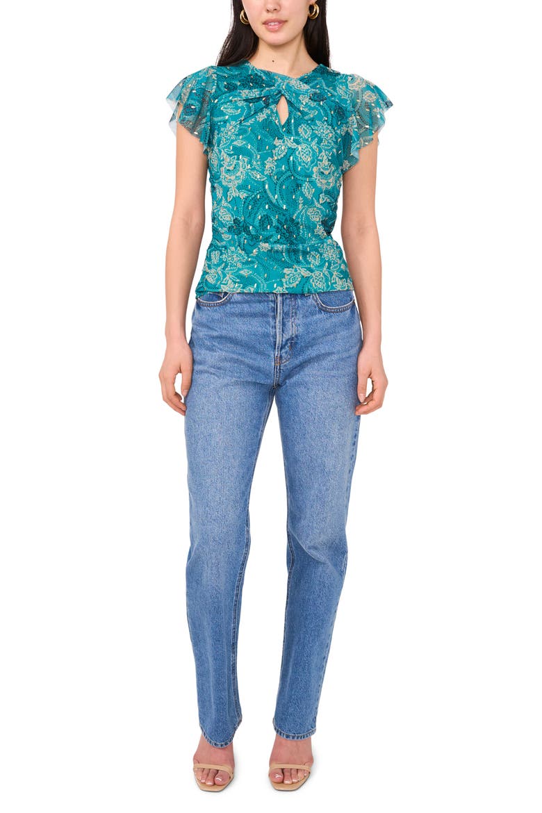 Flutter Sleeve Clip Dot Mesh Top, Alternate, color, COOL LAPIS