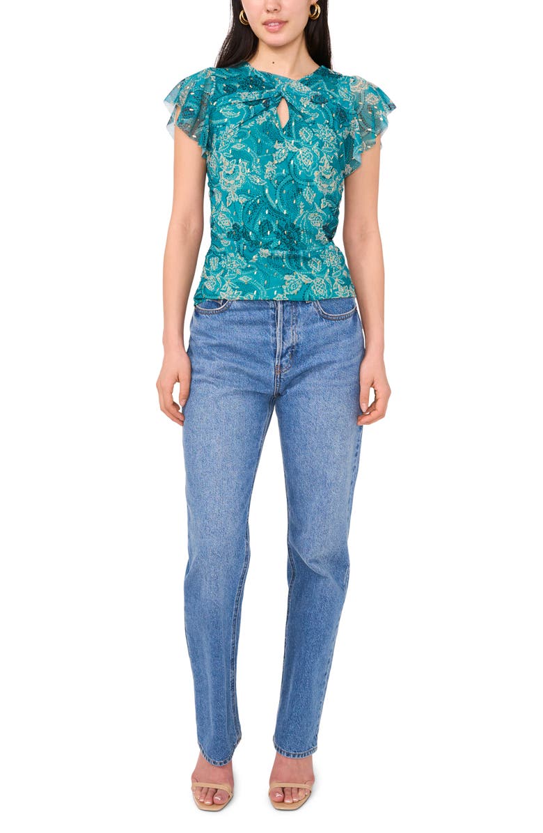 Vince Camuto Flutter Sleeve Clip Dot Mesh Top, Alternate, color, Cool Lapis