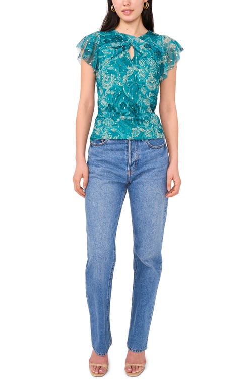 Vince Camuto Flutter Sleeve Clip Dot Mesh Top In Cool Lapis