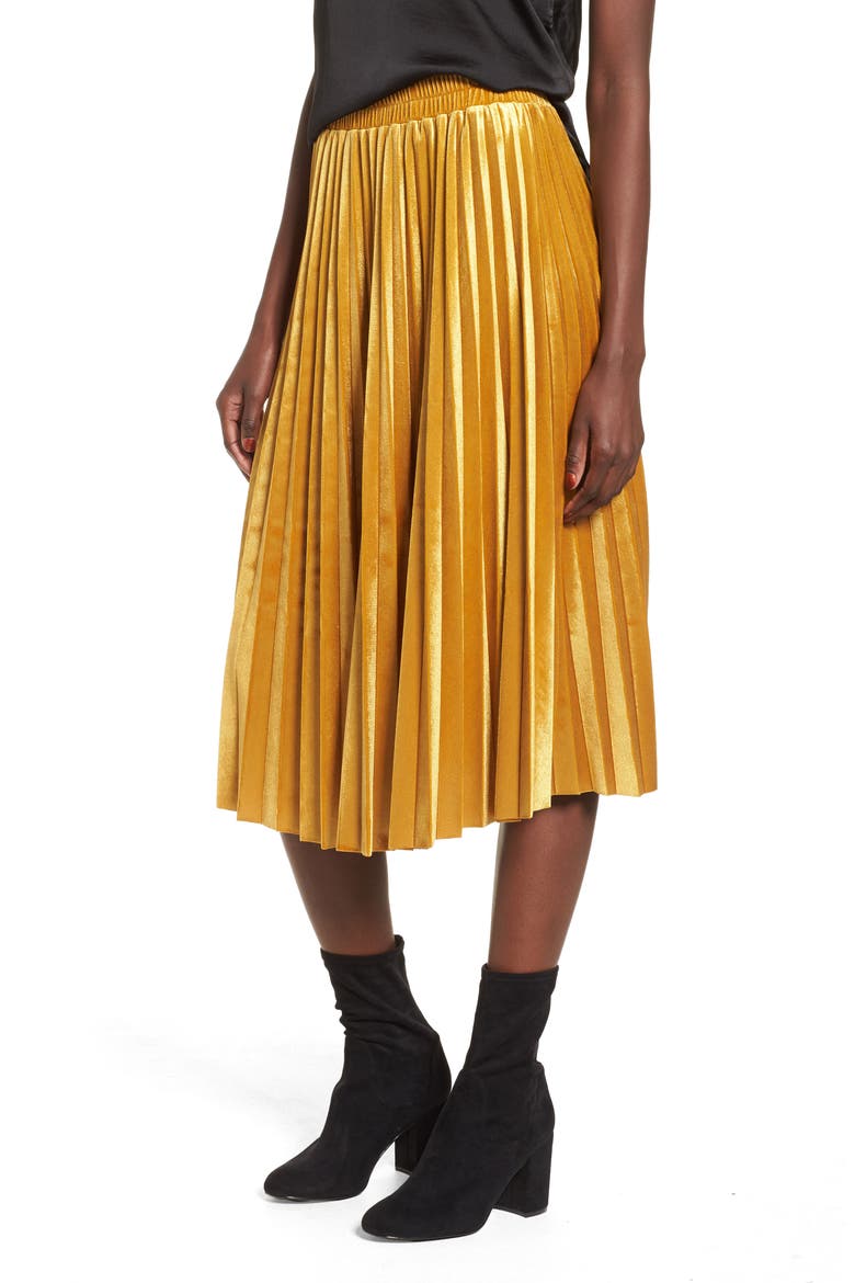 Pleated Velvet Skirt, Main, color, YELLOW GOLD