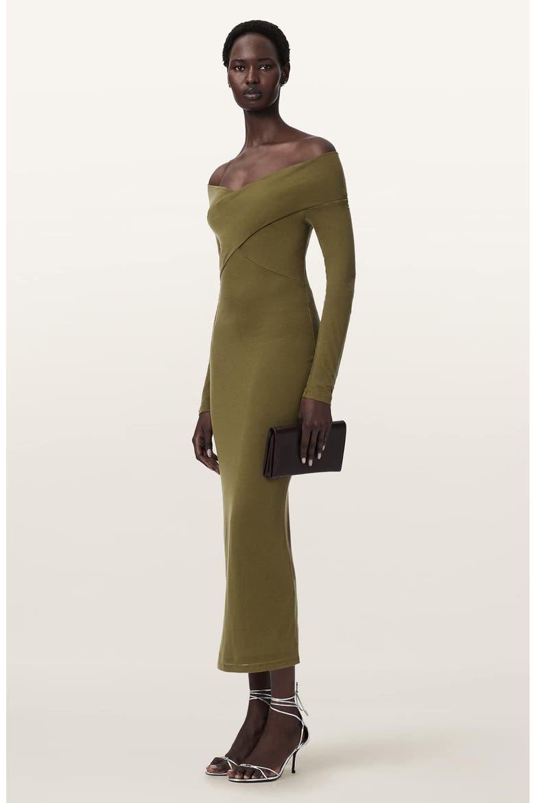 Delta Off the Shoulder Long Sleeve Jersey Midi Dress, Alternate, color, KHAKI GREEN