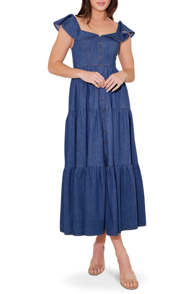 Flutter Sleeve Chambray Maxi Dress, Main, color, DENIM BLUE