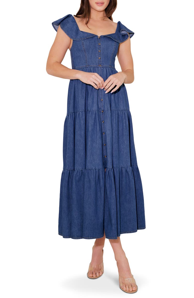 FREEMARKET Flutter Sleeve Chambray Maxi Dress, Main, color, Denim Blue