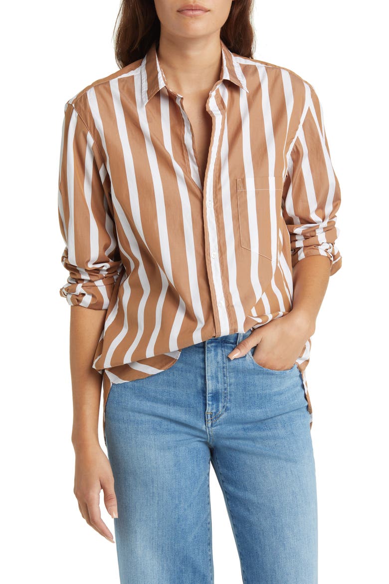 Joedy Stripe Boyfriend Button-Up Shirt, Main, color, WIDE CAMEL STRIPE