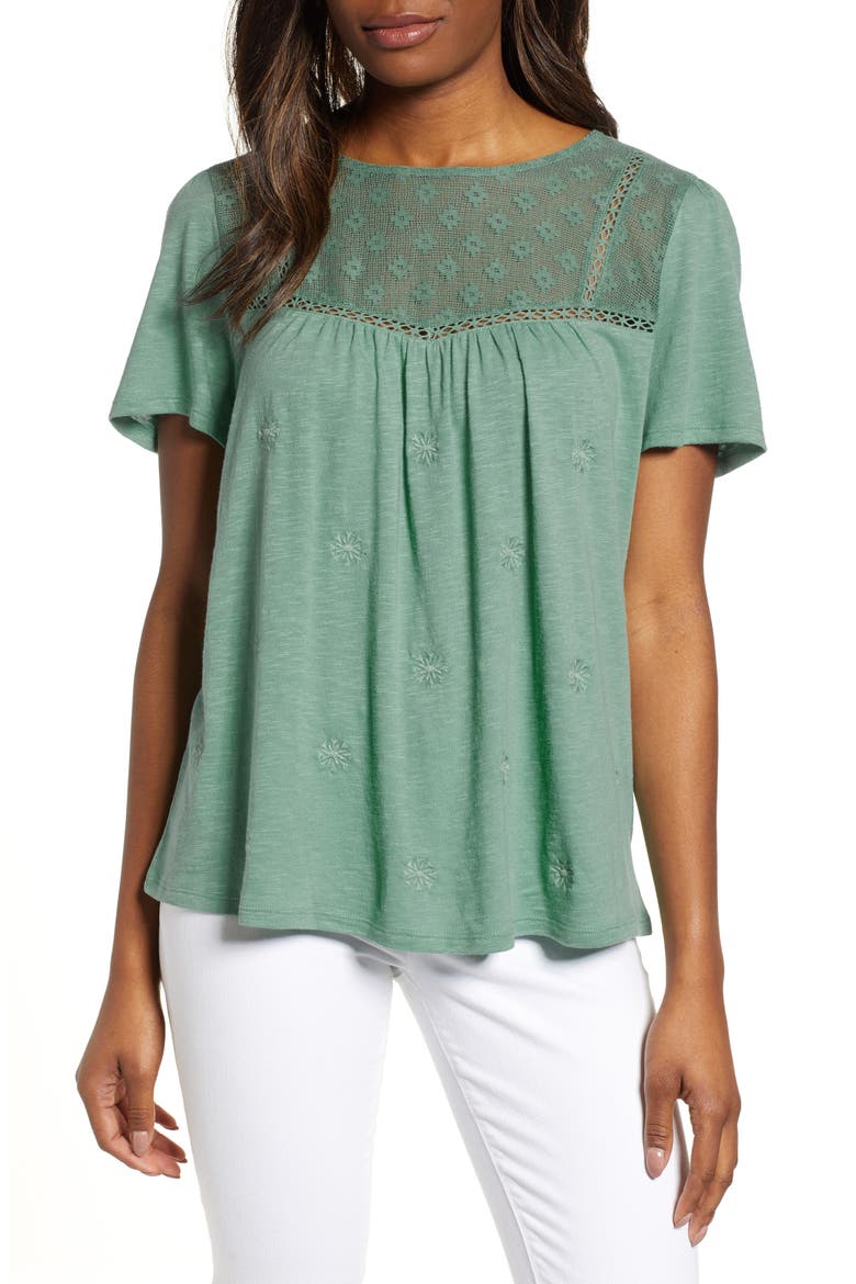 Embroidered Mesh Yoke Top, Main, color, GREEN WING