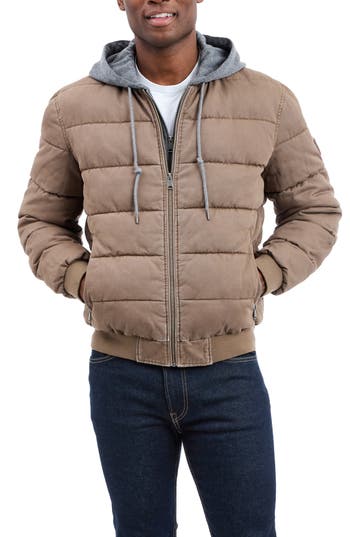 Lucky Brand Cotton Hooded Puffer Bomber Jacket In Brown