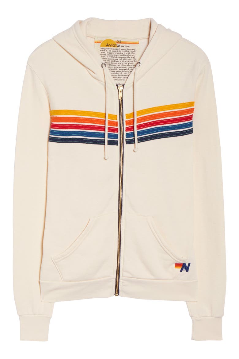 5-Stripe Zip Hoodie, Alternate, color, VINTAGE WHITE/ RAINBOW