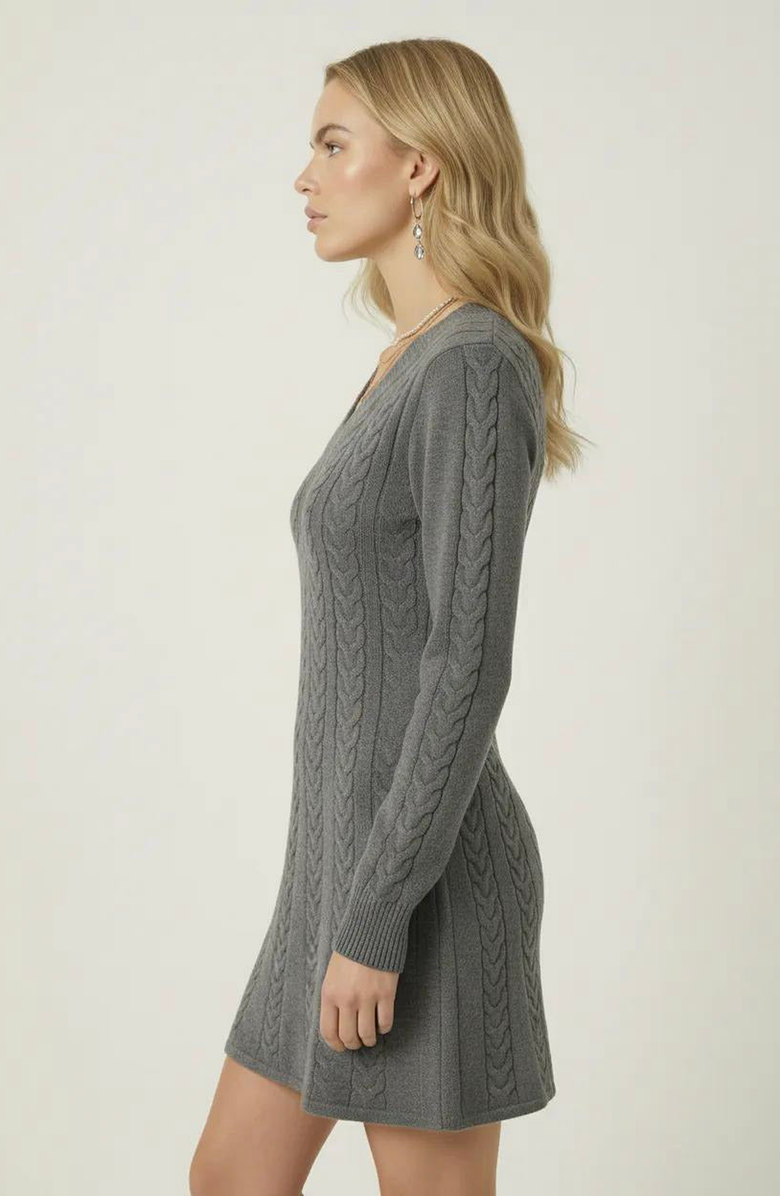 Modenaire Cable Knit V-Neck Sweater Dress, Alternate, color, Heather Grey