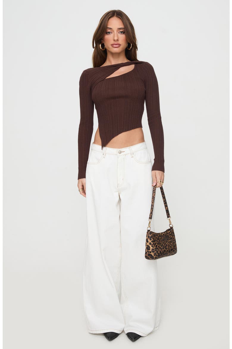 Ellara Cutout Asymmetric Rib Top, Alternate, color, BROWN