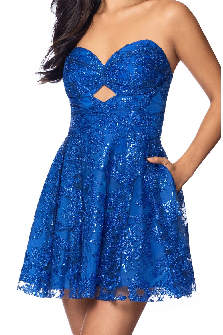 Cutout Detail Glitter Mesh Strapless Cocktail Minidress, Alternate, color, ROYAL