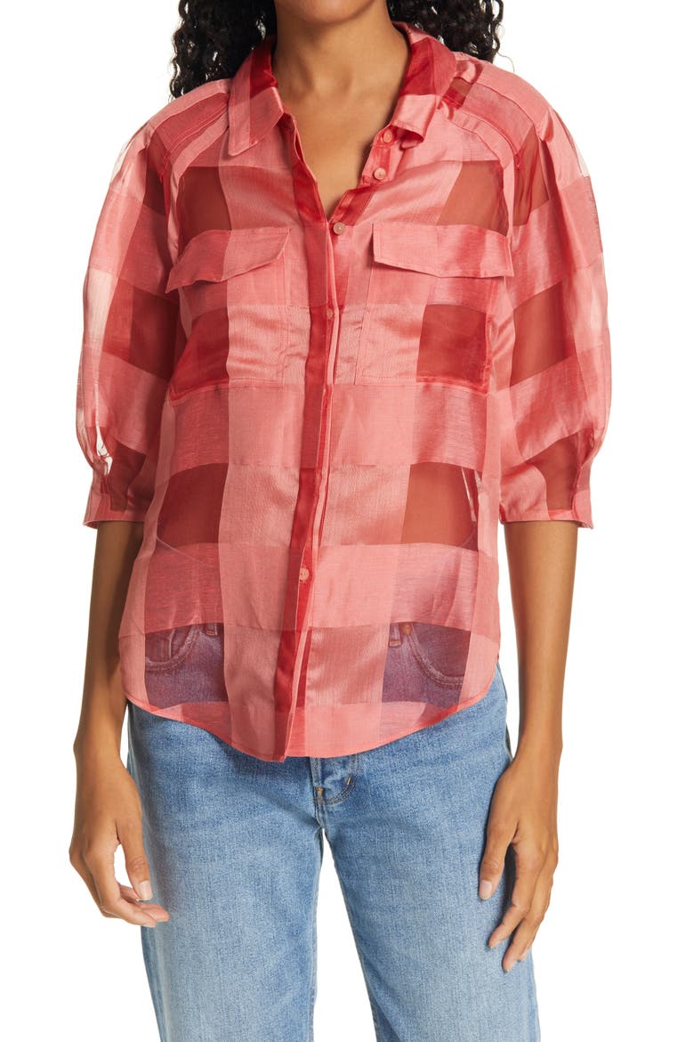 Check Silk & Linen Organza Shirt, Main, color, KISS