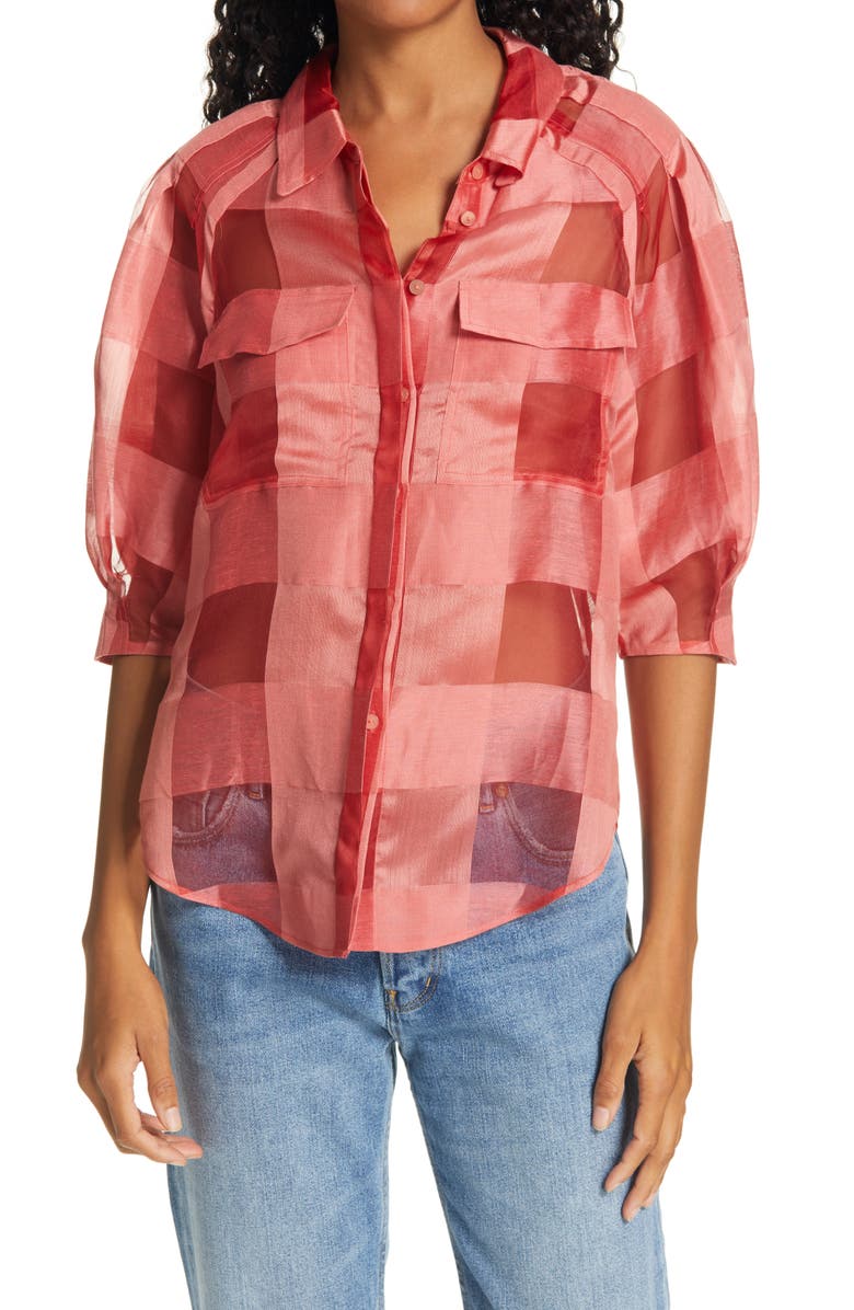 Rebecca Taylor Check Silk & Linen Organza Shirt, Main, color, 