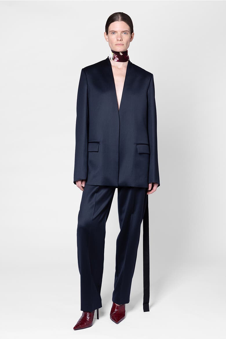 Selma Gathered Back Satin Suit Jacket, Main, color, Navy