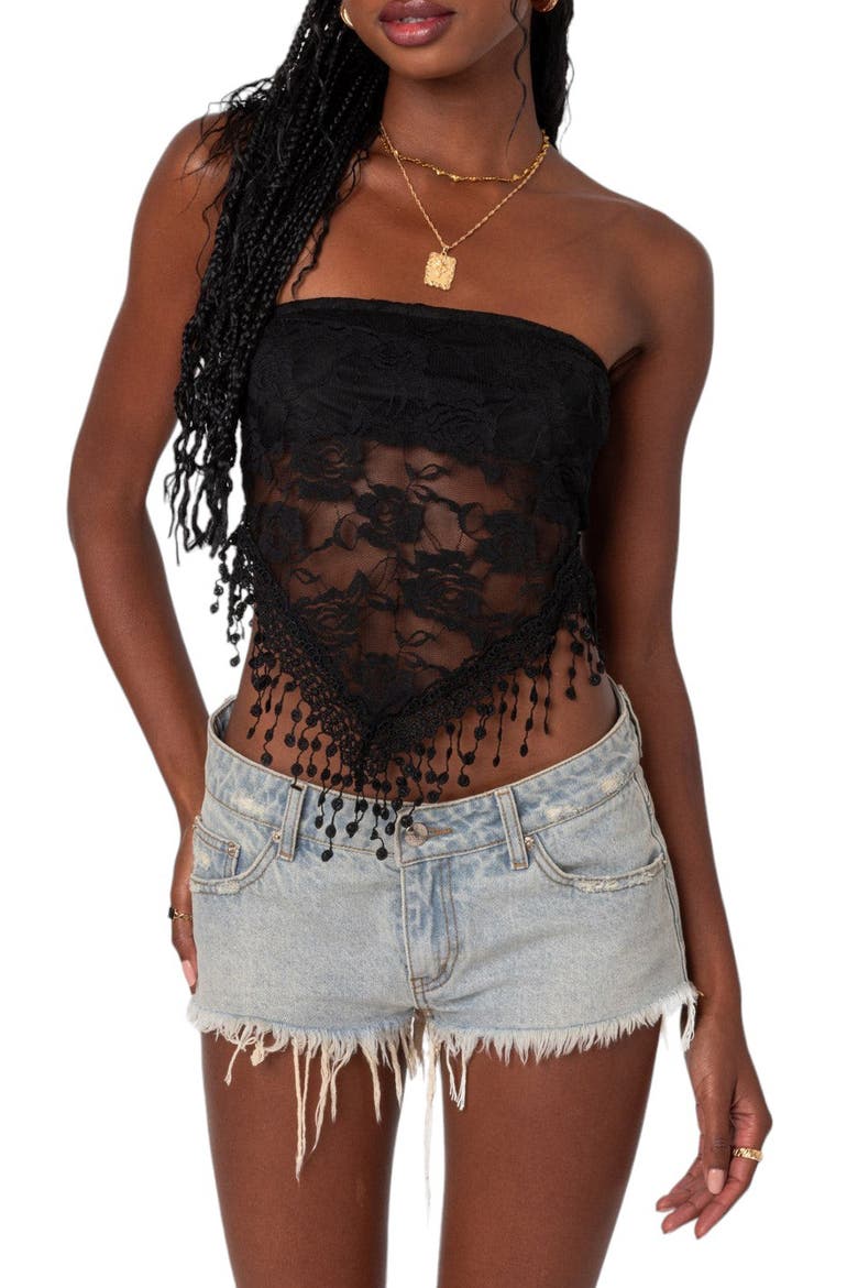 India Fringe Hem Lace Tube Top, Main, color, BLACK