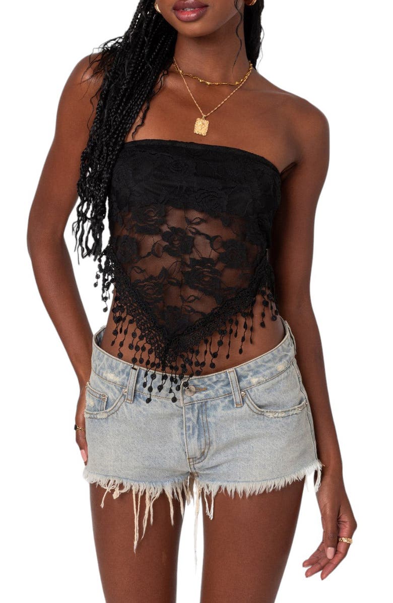 EDIKTED India Fringe Hem Lace Tube Top, Main, color, Black