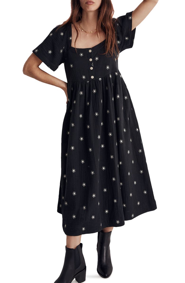 Madewell Daisy Embroidered Lightspun Square Neck Midi Dress, Main, color, 