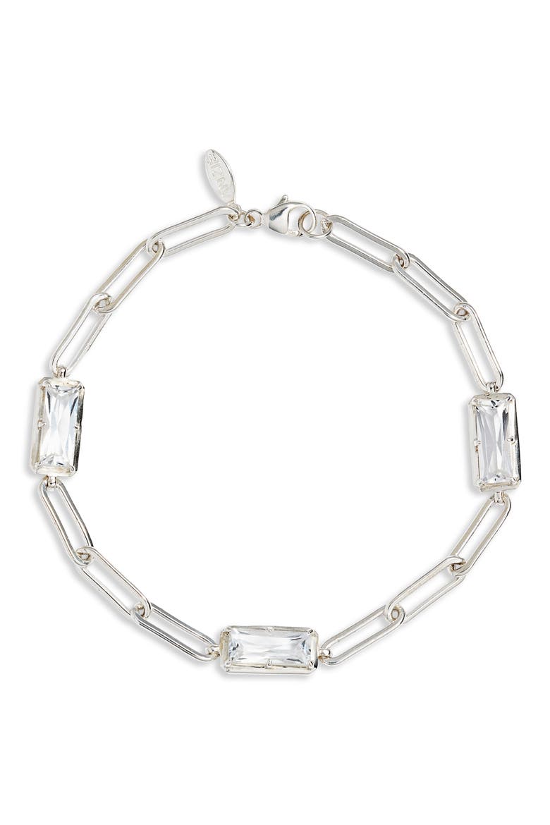 Dew Drop Baguette Link Bracelet, Main, color, SILVER/ WHITE