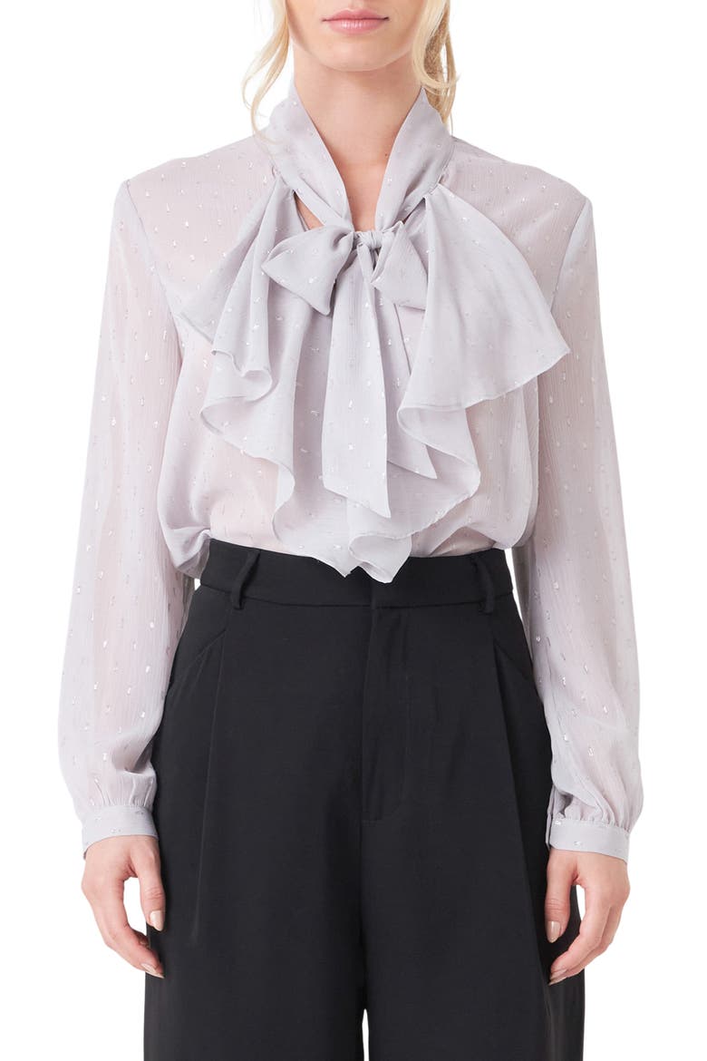 Tie Neck Clip Dot Chiffon Top, Main, color, SILVER