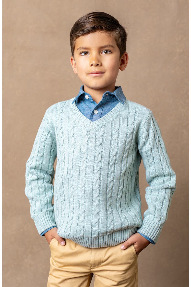 Organic Long Sleeve Fine Gauge Cable V-Neck Sweater, Alternate, color, Dusty Blue Heather Cable
