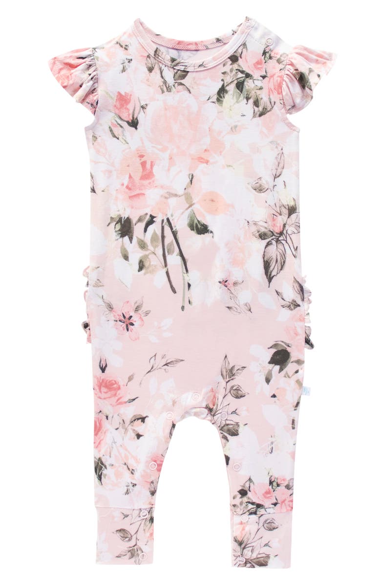 Posh Peanut Pink Rose Ruffle Cap Sleeve Fitted Romper, Main, color, Pink
