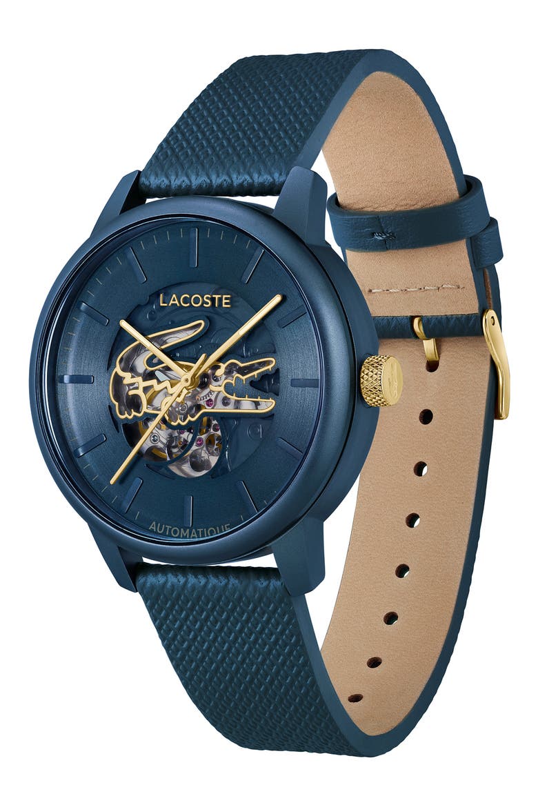 12.12 Automatique Leather Strap Watch, 44mm, Alternate, color, BLUE