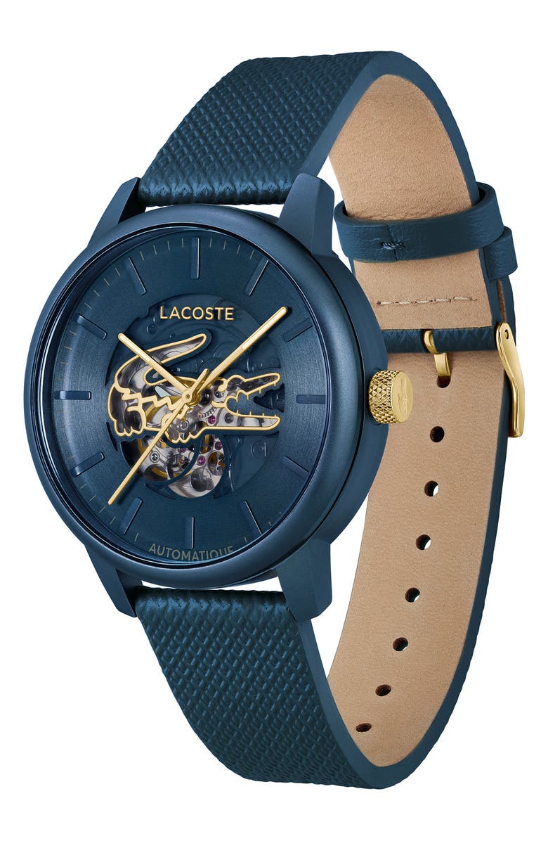 Lacoste 12.12 Automatique Leather Strap Watch, 44mm, Alternate, color, Blue