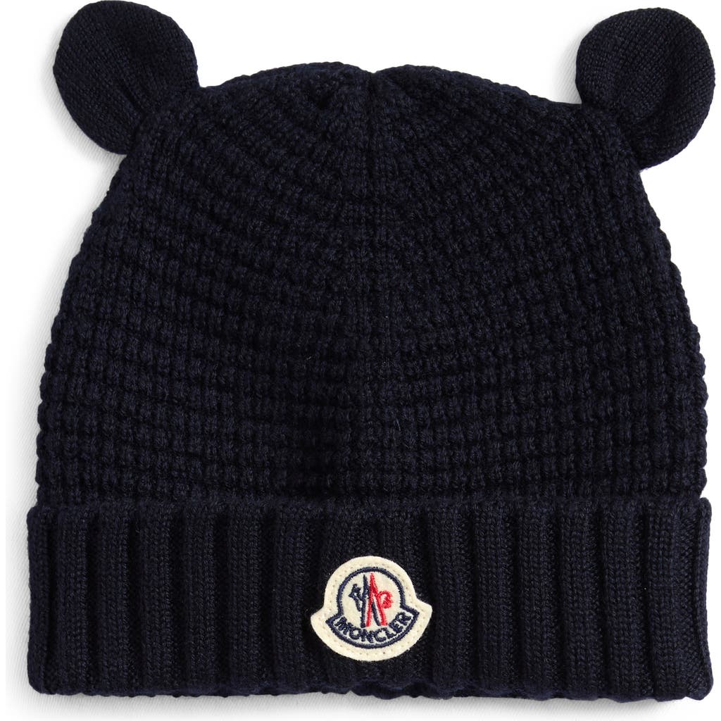 Moncler Kids' Virgin Wool Waffle Knit Beanie With Teddy Bear Ears In Navy