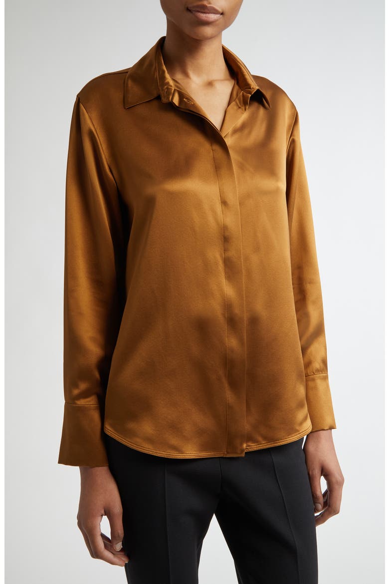 Mazurca Silk Satin Button-Up Shirt, Alternate, color, TOBACCO