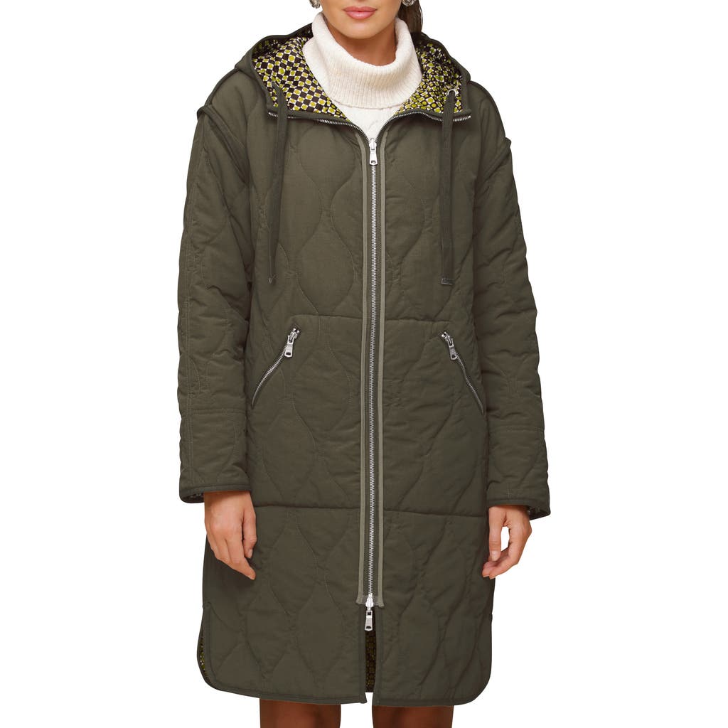 Shop Avec Les Filles Reversible Quilted Parka In Micro Geo Olive