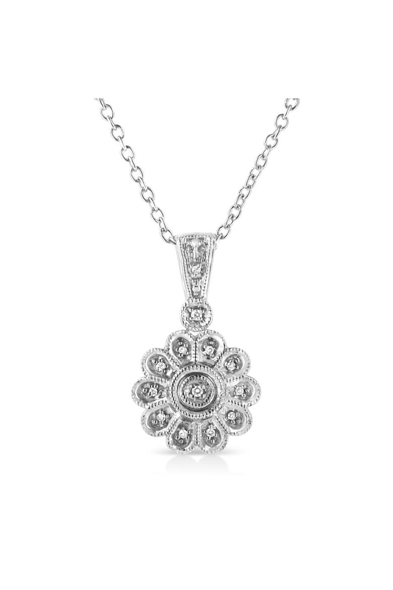 .925 Sterling Silver Diamond Accent Sunburst Milgrain Pendant Necklace, Main, color, White