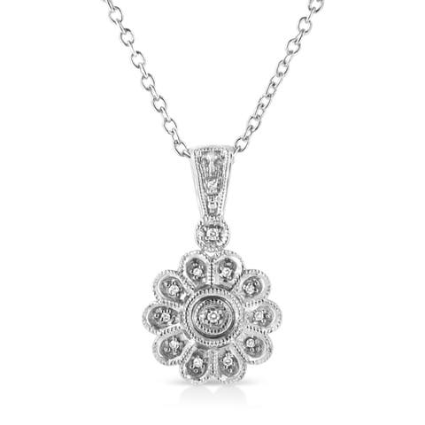 .925 Sterling Silver Diamond Accent Sunburst Milgrain Pendant Necklace