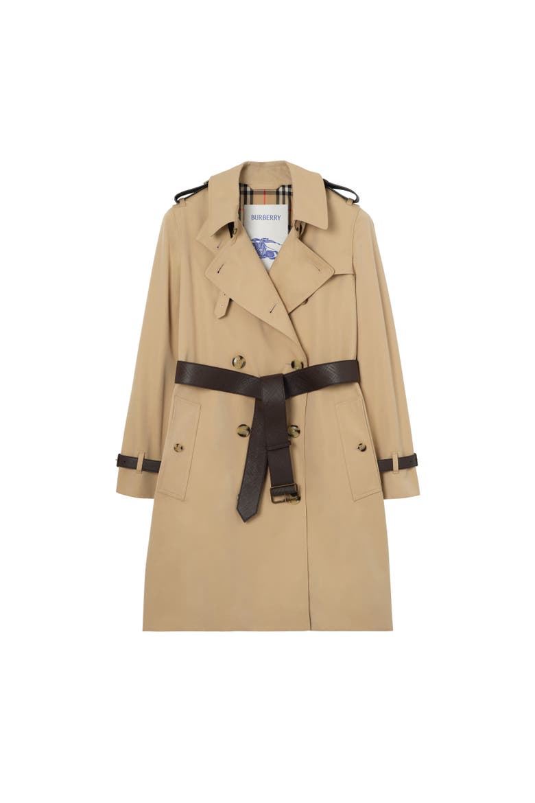 Mid-length Leather Trim Kensington Trench Coat, Alternate, color, Honey beige