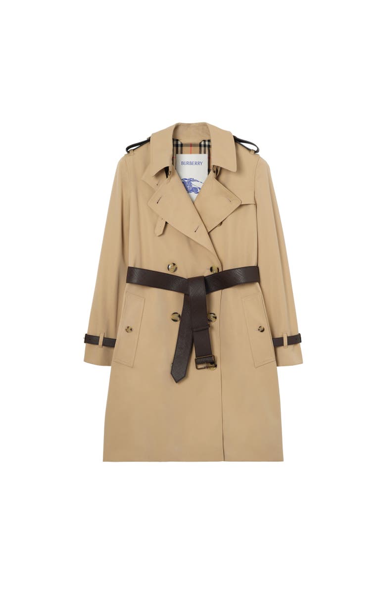 Burberry Mid-length Leather Trim Kensington Trench Coat, Alternate, color, Honey Beige