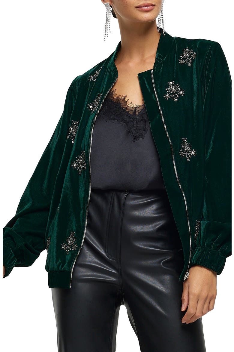 Embellished Velvet Bomber Jacket, Main, color, GREEN