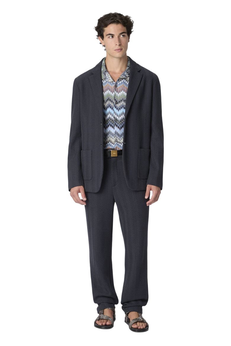 Single-breasted Blazer In Cotton And Viscose With Tone-on-tone Zigzag Pattern, Main, color, Blue