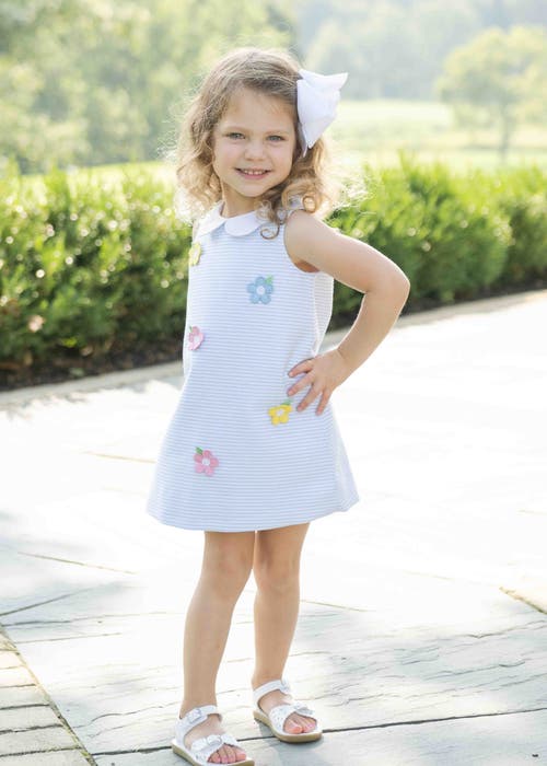Shop Florence Eiseman Stripe Birdseye Pique Dress With Petal Collar And Flowers In Light Blue/white