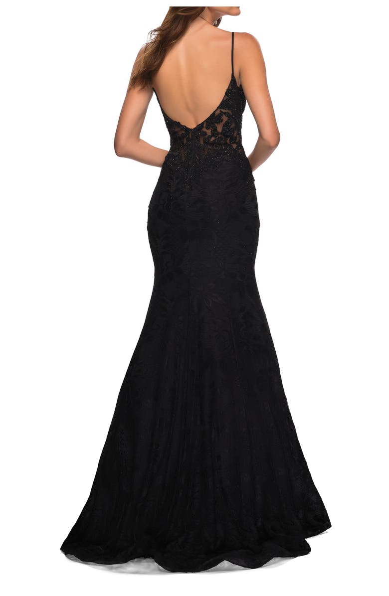 La Femme Mermaid Lace Prom Dress with Sheer Jeweled Bodice, Alternate, color, Black