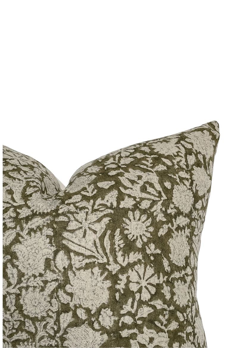 Sienna Dark Olive Floral Handblock Pillow Cover, Alternate, color, Dark Olive