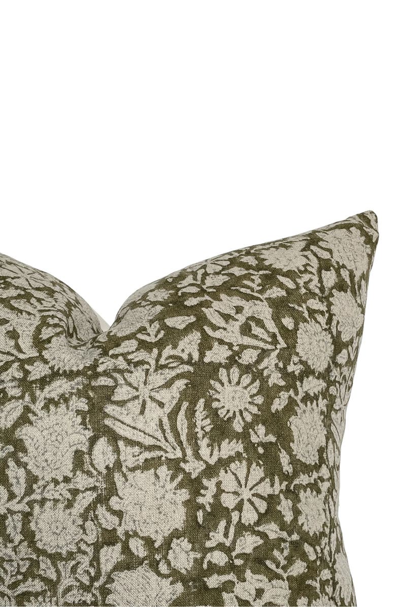 Linen & James Sienna Dark Olive Floral Handblock Pillow Cover, Alternate, color, Dark Olive