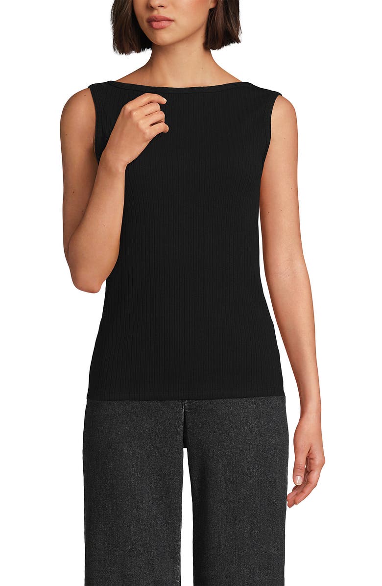 Lands
 End Sleeveless Pointelle Rib Boat Neck Tank, Alternate, color, Black