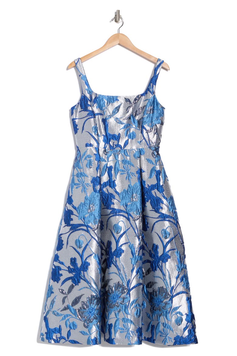 Floral Jacquard Fit & Flare Midi Dress, Alternate, color, BLUE SILVER