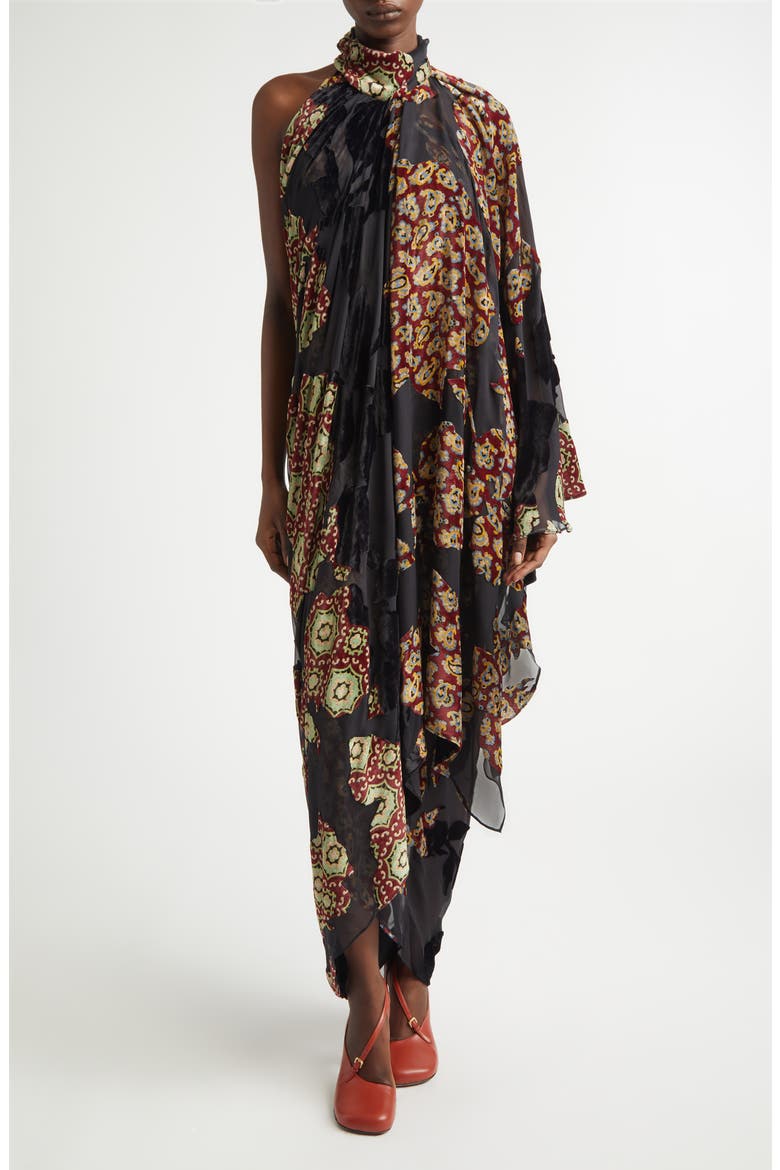 Dingo Draped Asymmetric Velvet & Silk Devoré Midi Dress, Main, color, BLACK