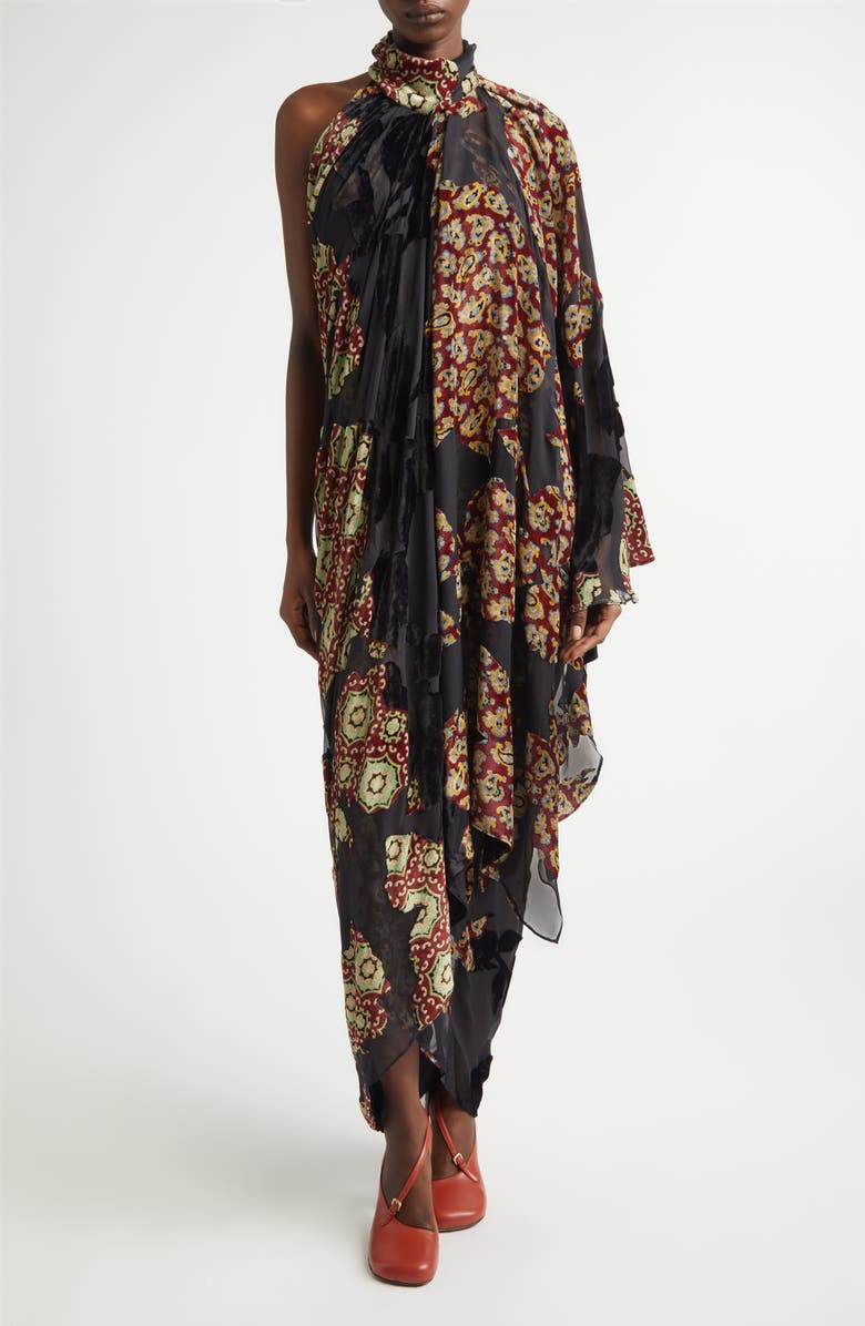 Dries Van Noten Dingo Draped Asymmetric Velvet & Silk Devoré Midi Dress, Main, color, Black