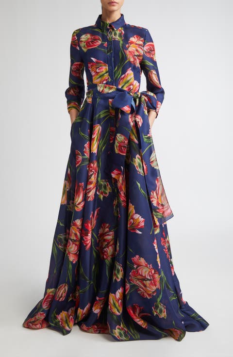 Tulip Print Silk Gazar Trench Gown