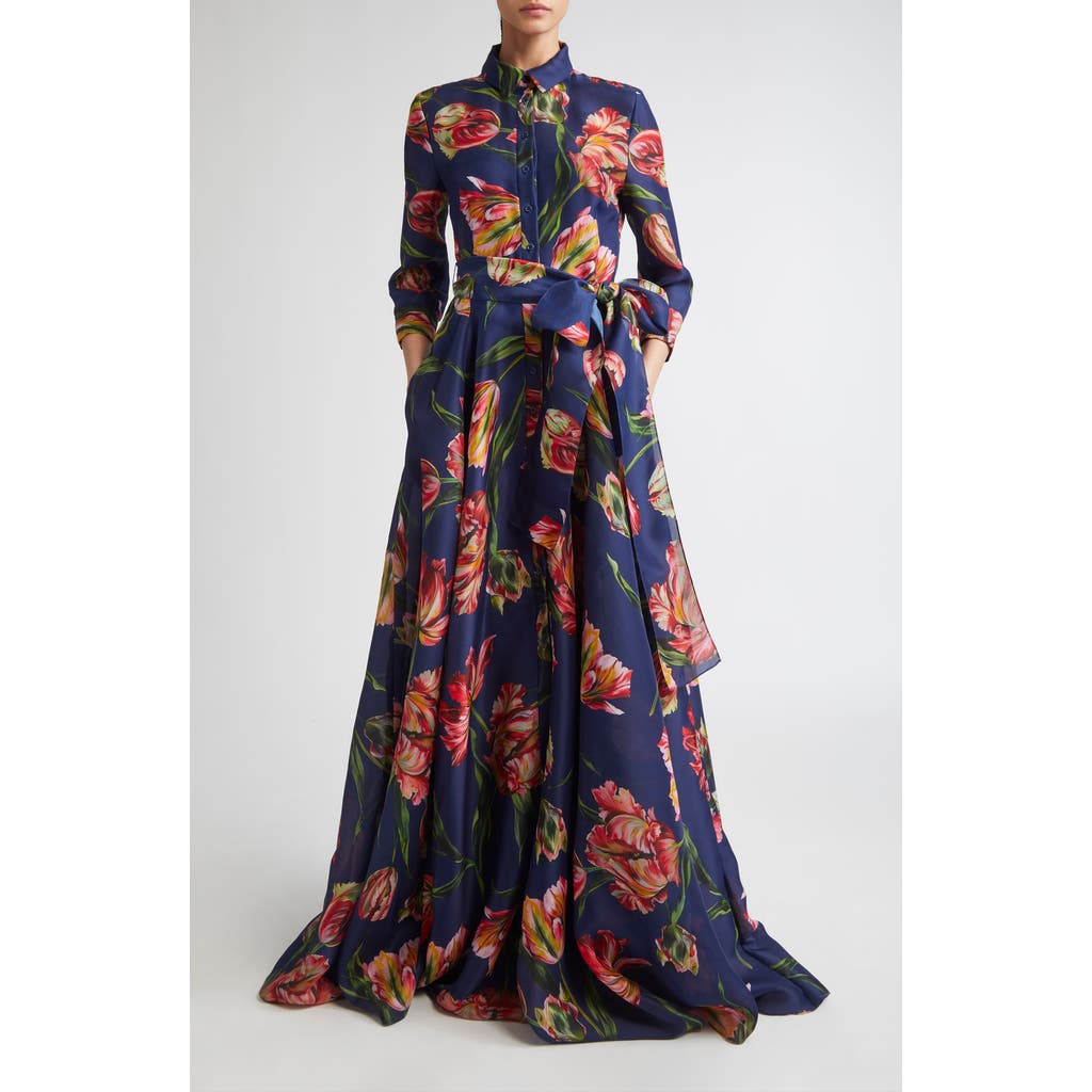 Carolina Herrera Tulip Print Silk Gazar Trench Gown In Multi