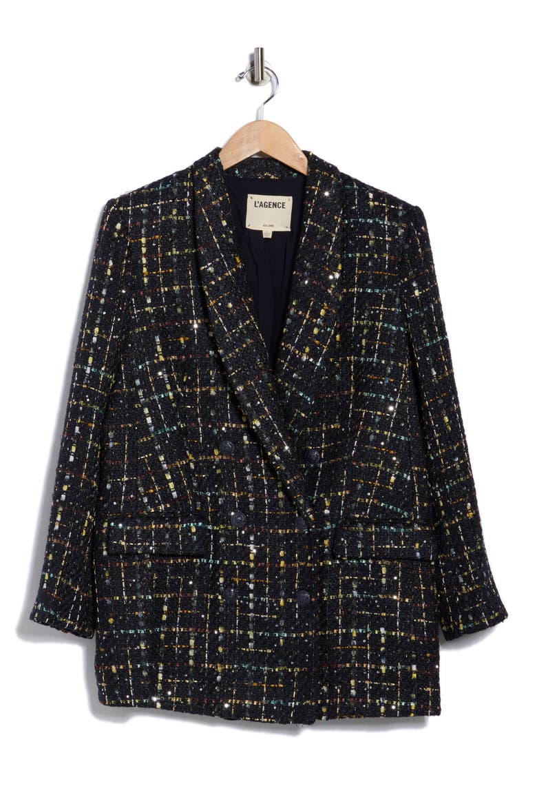 Jayda Relax Fit Double Breasted Tweed Blazer, Alternate, color, MIDNIGHT/ MUSTARD PLAID