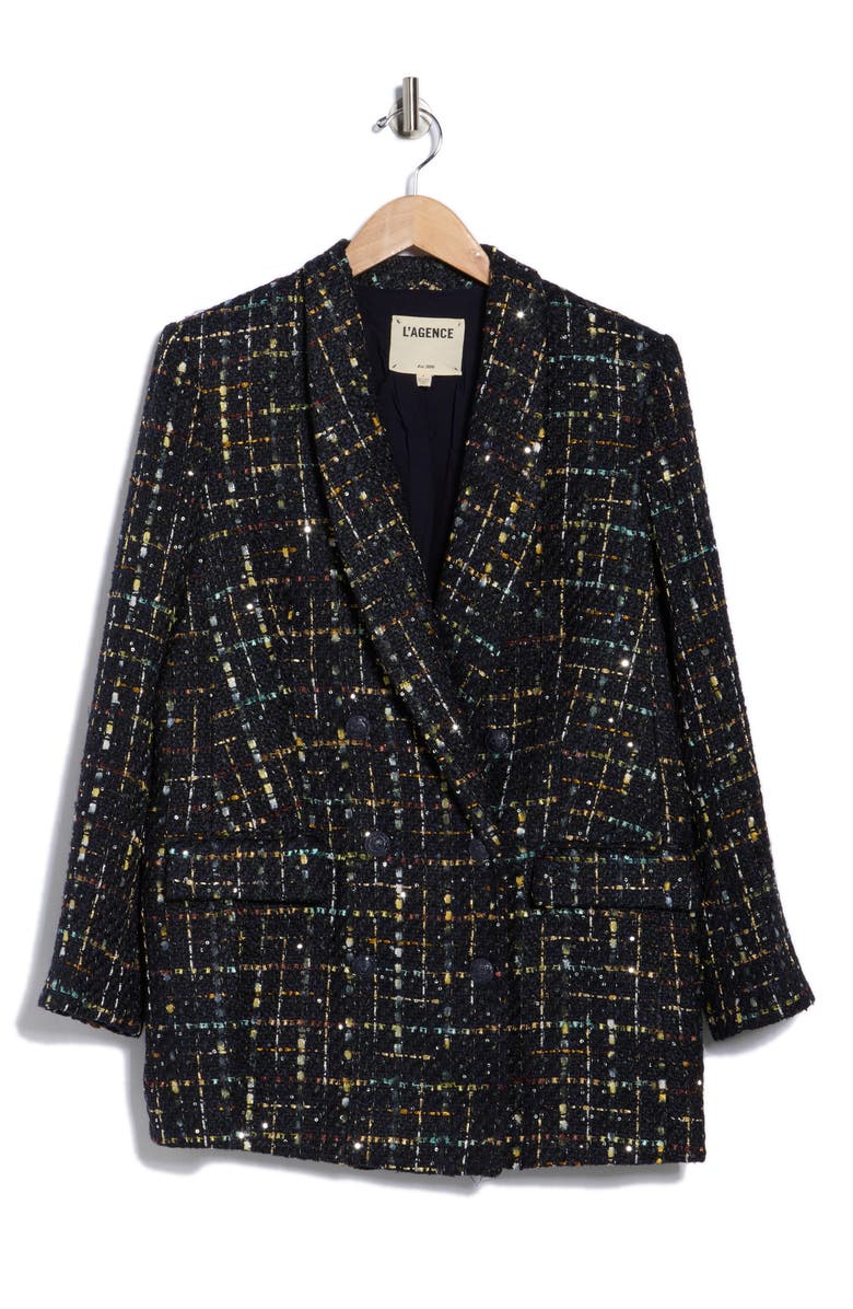 L'AGENCE Jayda Relax Fit Double Breasted Tweed Blazer, Alternate, color, Midnight/ Mustard Plaid