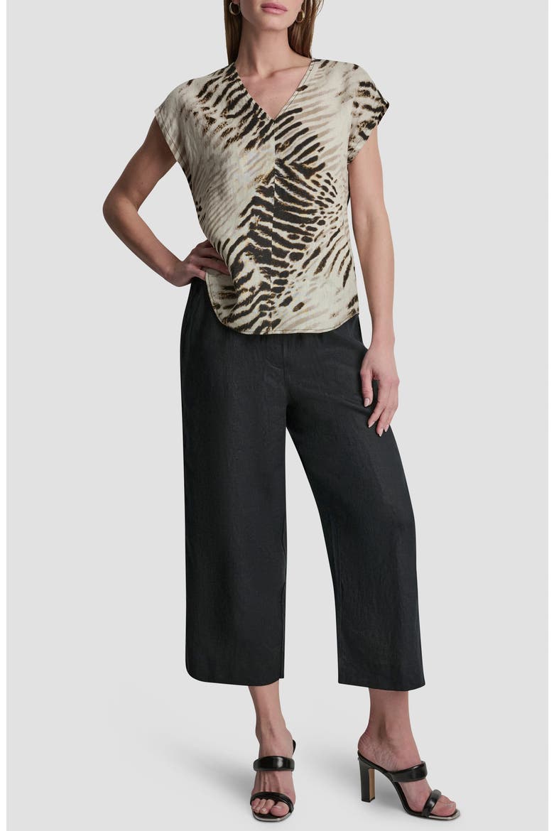 Print Colorblock Linen V-Neck Top, Alternate, color, BRUSHED SANDBED