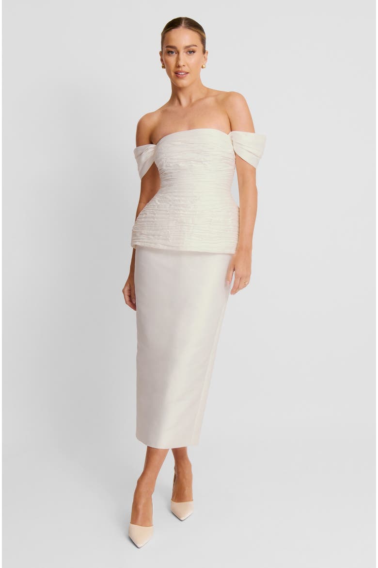 Gathered Bardot Peplum Midi Dress, Main, color, White