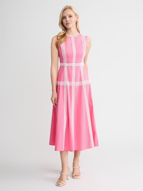 Fit & Flare Cotton Eyelet Trim Maxi Dress